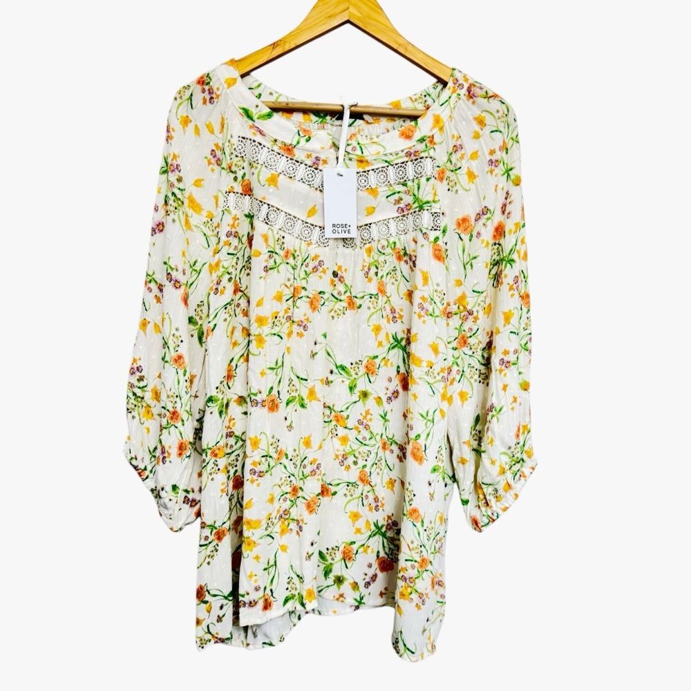 NWT Rose + Olive Floral Top Blouse 1X colorful lace Cottagecore Boho Chic Modest